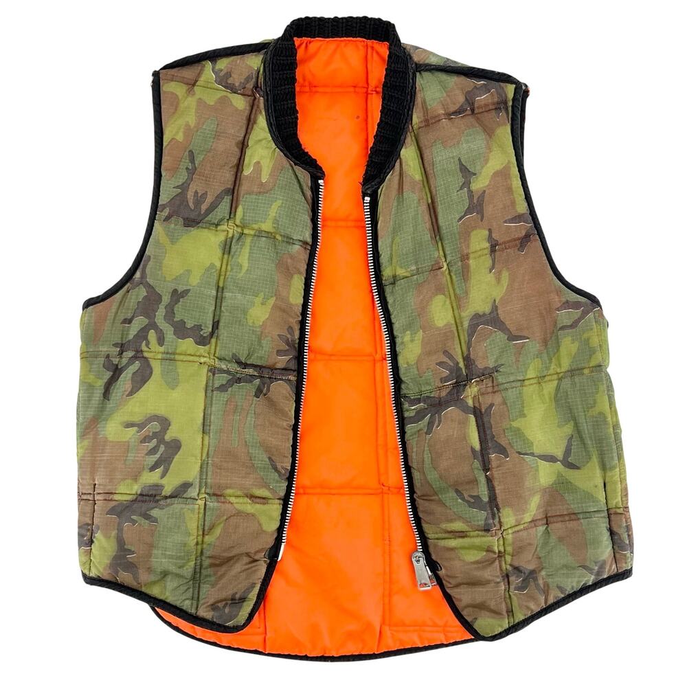 80s Camouflage Quilted Reversible Vest Neon Orange 1980s Vintage